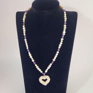 Freshwater Pearl Purple Amethyst Bead Necklace w Heart Pendant Lee Sands Jewelry